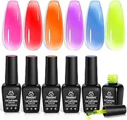beetles Gel Polish 6 Colors Jelly Gel Nail Polish Kit, Jelly Tint Neon Translucent Sheer Red Hot Pink Purple Bright Blue Yellow Gel Polish Soak Off Uv Led Gel Nail Manicure Gel Polish for Women