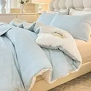 tohrisa Boho Comforter Set Full Size Striped Pleats Bohemian Seersucker Bedding Set All Season Soft Cozy 3 Pieces Quilt with 2 Pillowcases(80"X90" Light Blue)