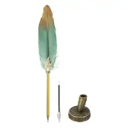 Feather Pen Quill, Ballpoint Pen with Bronze Pen Holder, Dark Green