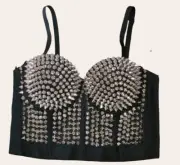 Ladies Cropped Top Corset With Rivet Studs Spikes Size 40B Silver Black Stretch