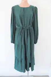 Sportsgirl Dress Womens 16 Green Maxi Smock Boho Long Sleeve Belted BNWT