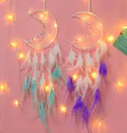Cute Moon Dream Catcher Room Wall Hangings Decor with Lights Colorful Feather