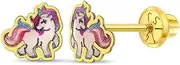 [In Season Jewelry] 14k Yellow Gold Colorful Rainbow Unicorn Screw Back Earrings for Girls - Hand Painted Colorful Enamel Princess Unicorn Earrings for Toddlers and Young Girls, Metal, No Gemstone