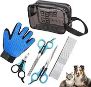 Proxima Direct 6 IN 1 Dog Grooming Scissors Kit with Straight & Thinning Scissors, Nail Clipper, Grooming Comb, Grooming Glove, Travel Pouch Organizer, Haircut Nail-Care Set for Pets Dogs and Cats