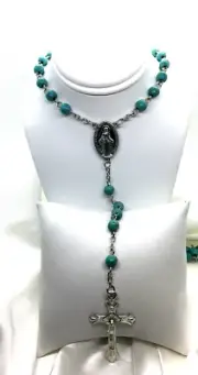 Catholic Turquoise Bead Rosary Virgin Mary with Crucifix Silver-Tone New 6983