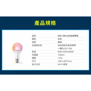 『飛利浦PHILIPS』 台灣原廠 PW019 WiZ 13W LED全彩燈泡 E27 110V APP智慧可調光