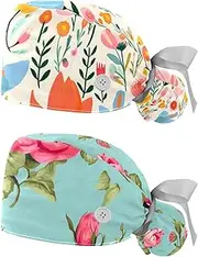[YTYVAGT] 2-Pc,Nurse Scrub Caps,Scrub Hats with Buttons and Cotton Sweatband,Floral Retro Flower Colorful