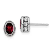 14k White Gold Oval Garnet and Real Diamond Earrings
