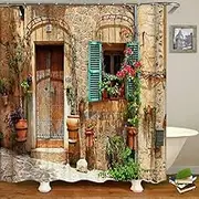 Rural Pastoral Flower Scenery Shower Curtains Bathroom Shower Curtain 3D Fabric Bath Curtain with Hooks Waterproof Bath Screen (W) 180×(H) 180CM