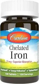 Carlson - Chelated Iron, 27 mg Superior Absorption, Blood Health, Energy Utilization & Optimal Wellness, 100 Tablets