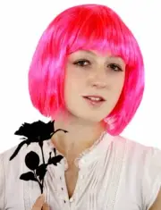 Pink Short Bob Wig with Fringe, neon pink, costume party China Doll DWG7015