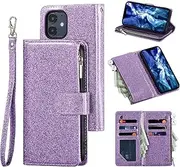 UEEBAI Wallet Case for iPhone 12 Mini 5.4 inch, Vintage PU Leather Handbag Magnetic Closure Zipper Pocket with Hand Strap Kickstand Card Slots Phone Cover Shockproof Flip Case - Glitter Purple