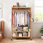 Bamboo Clothing Rack Garment Stand 3 Tiers Shelves Portable Wardrobe with Wheels