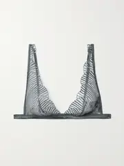 [COCO DE MER] COCO DE MER - Athena Satin-trimmed Embroidered Tulle Soft-cup Triangle Bra - Silver - x large x large Silver