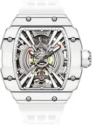 [Haofa] Automatic Mechanical Watch for Men Self-Wind Skeleton Wrist Watches Carbon Fiber Bezel Waterproof Sapphire Luminous Business Sport Mens Watch with Rubber Strap 1906 White, White
