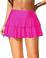[Pinup Fashion] Women High Waisted Swim Skirt Tummy Control Ruffle Drawstring Swimdress Flattering Swimsuit Bikini Bottom Skort