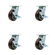 5 Inch Polyurethane Caster Set with Ball Bearings 4 Brake 2 Swivel Lock SCC