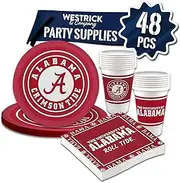 Westrick Party Supplies - Officially Licensed- Set: 16 oz. Plastic Beverage Cups, 9" Paper Plates, Luncheon Napkins, Complete Party Supplies - 48 Pieces for 16 Guests- Alabama Crimson Tide