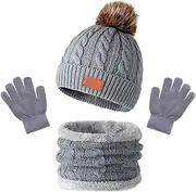 [baizhong] Kids Hat Scarf Gloves Set,Thick Fluffy Toddler Cap Pom Bobble Hat Neck Warmer Gloves Set for Girls Boys Children Aged 2-6 (Grey), Grey, 23.5cm