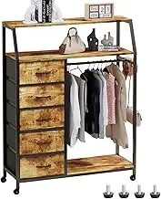Timberer Dresser with Clothes Rack 5 Drawer Dresser for Bedroom, 2 Shelves, Chest of Drawers with Lockable Wheels, Storage Shelves, Kids Room, Living Room, Closet, Rustic Brown