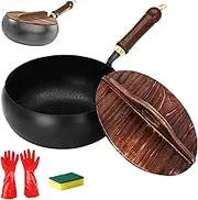 Uncoated Iron Pan, 9.45 Inch Japanes Hand-Forged Non-Stick Iron Pan Without Coating, Wood Handle Gas Cookware Induction with Lid, for Cooker Gas Stir Fry Pans (Hammer Pattern Pot Wooden Lid)