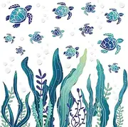 Sea Turtle Wall Decals 3D Ocean Grass Seaweed Stickers Under The Sea Wall Decals Decor Bubbles Peel and Stick Removable Vinyl Underwater Wall Sticker for Bathroom Bedroom Nursery Room Decoration