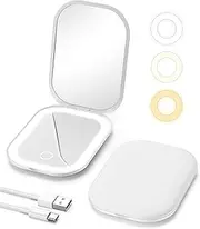 Gospire Lighted Travel Makeup Mirror with Light and Magnification 1X/3X, Stepless Dimming and Three-Color Adjustable Lights, Rechargeable Battery and Compact Size for Purse and Portable Use - White