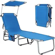 Giantex Outdoor Sun Lounger Bed, Folding Lounge Chaise Reclining Deck Chair, 5 Adjustable Back Positions, 360° Rotatable Canopy, Side Pocket, Portable Camping Beach Recliner for Sunbathing (Blue)