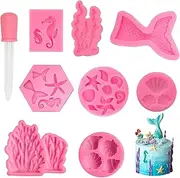 8PCS Marine Theme Fondant Molds,Sea Silicone Cake Molds-Mermaid Tails, Coral, Shells, Starfish,Seahorses, Seaweed, Conchs Chocolate Candy Molds for Mermaid Theme Party Cake Decoration