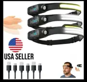 3pack LED Motion Headlamp Rechargeable Headlight Torch Work Light Head Band Lamp