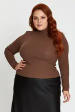 Brown Long Sleeve Rolled Neck Basic Top