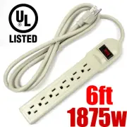 6ft UL Listed 6 Outlet Power Strip Surge Protector AC Plug AC Wall 125V 15A 60hz