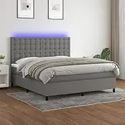 VRAXO Box Spring Bed with Mattress&LED Dark Grey 153x203 cm Queen Size Fabric -76.8KG,3145232