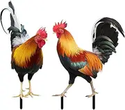 Chicken Yard Art – Metal Rooster Garden Decor, Set of 2, Farmhouse Spring Outdoor Decorations for Backyard