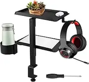 Clamp On Desk Shelf Organizer with Adjustable Metal Storage Tray & Headphone Stand, Carbon Steel Double Layer Desk Organizer Shelf with Cable Manager, Space Saving Desktop Accessories
