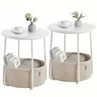 Nightstands, Set of 2 Bedside Tables with Fabric Basket, Small Round Side