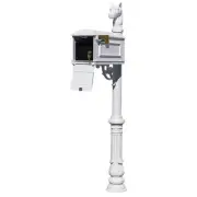 Lewiston White Post Mount Locking Insert Mailbox with Ornate Base and Horsehead
