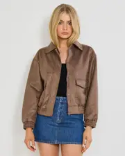 [Ava And Ever] Ava And Ever Women's Tommy Faux Leather Bomber Jacket in Washed Brown Size 6 6 Washed Brown