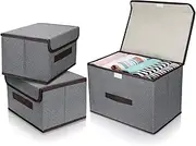 3 Pcs Fabric Foldable Storage Boxes, Clothes Storage Bag, Storage Basket for Organizing Clothes with Lids， Foldable Blanket Storage Bags, Fabric Canvas Bins for Toy, Closet, Clothing, Quilt(2 Size,Gray)