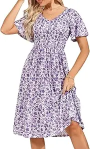 [UEAL] Womens Elastic Waist Floral Midi Dress with Pockets Casual Summer Wedding Guest Dresses Sundress for Women 2024