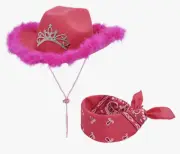 Chapeau Pink Feather Boa Crown Tiera Cowgirl Hat w Pink Paisley Bandana New OSFM