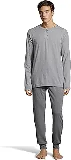 [Hanes] Men's 1901 Heritage Striped Henley Crewneck and Jogger Pant Lounge Set