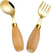 Generic Ergonomic Toddler Forks Curved Spoon Kids Stainless Steel Utensil Set 304 Steel Forks with Wooden Handle Training Cutlery