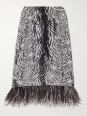 [Dolce & Gabbana] Dolce & Gabbana - Feather-trimmed Printed Stretch-silk Charmeuse Skirt - Zebra print - IT40 IT 40 Animal print