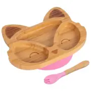 2pc Tiny Dining Pink Bamboo Fox Baby Weaning Plate & Fork Set with Suction