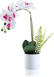 Meneco Fake Orchid in Pot – White Orchid Artificial Flower Arrangements Realist Fake Plant Decoration Potted Faux Flower (15”, White Orchid)