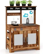HONEY JOY Kids Mud Kitchen, Wood Pretend Play Kitchen w/4 Panting Pots, Faucet, Removable Sink & Dual Stoves, Chef Toy Set with Cooking Accessories, Outdoor Cooking Playset for Kids 3+ Years Old