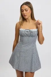 Black Check Mini Dress Strappy - Size 16XL, Women's Skater Dress