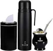 Premium Stainless Steel Yerba Mate Kit, Gourd, 33.8oz Insulated Bottle, Container, Bombilla, Cleaning Brush, Tea Filter Set, Matte Black