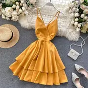 Spaghetti Strap Cowl-Neck Open Back Tiered A-Line Dress Yellow - M